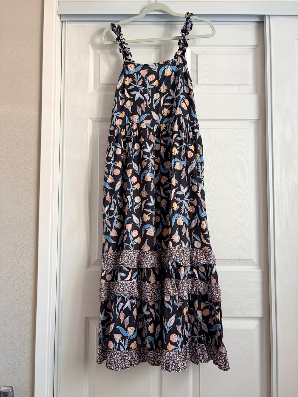 Floral Tiered Maxi Dress in Black with Blue & Peach Accents
